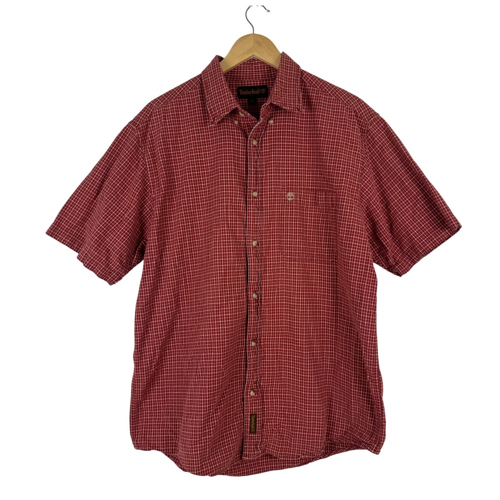 VTG! Timberland Mens Red White Gingham Plaid Short Sleeve Button Up Shirt Size L